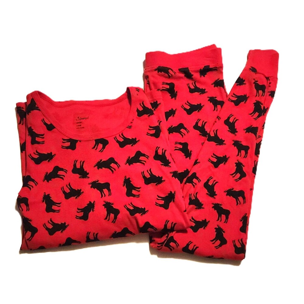 Leveret 2pc. Pajama Set Red w/ Black Moose Cotton Womens Size X-Small